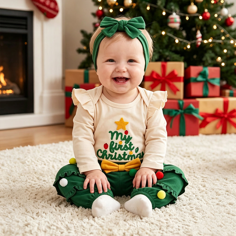 3PCS Sweet My First Christmas Letter Applique Pompon Trim Baby Girl Set
