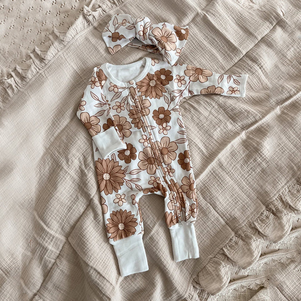 2PCS Pretty Floral Printed Baby Long Sleeve Jumpsuit