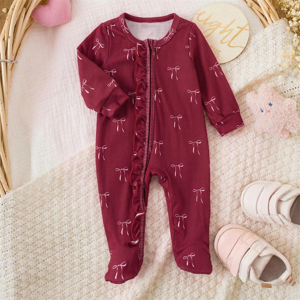 2PCS Grace Bow Print Long Sleeve Zipper Baby Jumpsuit