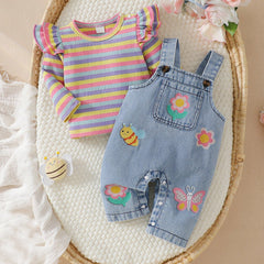 2PCS Chic Floral and Animal Print Long Sleeve Denim Baby Overalls Set