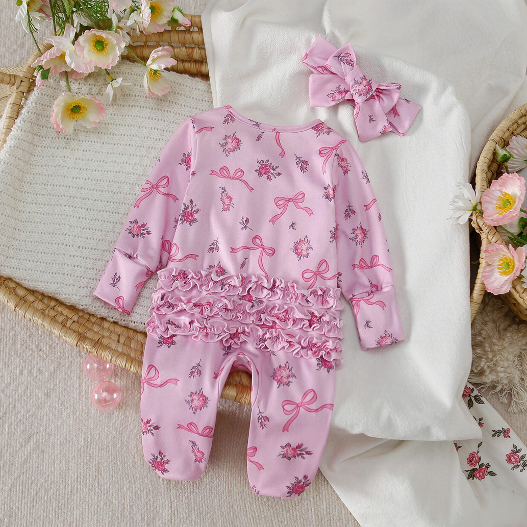 2PCS Delicate Floral Bow Print Zipper Long Sleeve Baby Girl Jumpsuit
