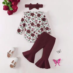 3PCS Bold All Over Floral Print Long Sleeve Baby Girl Set