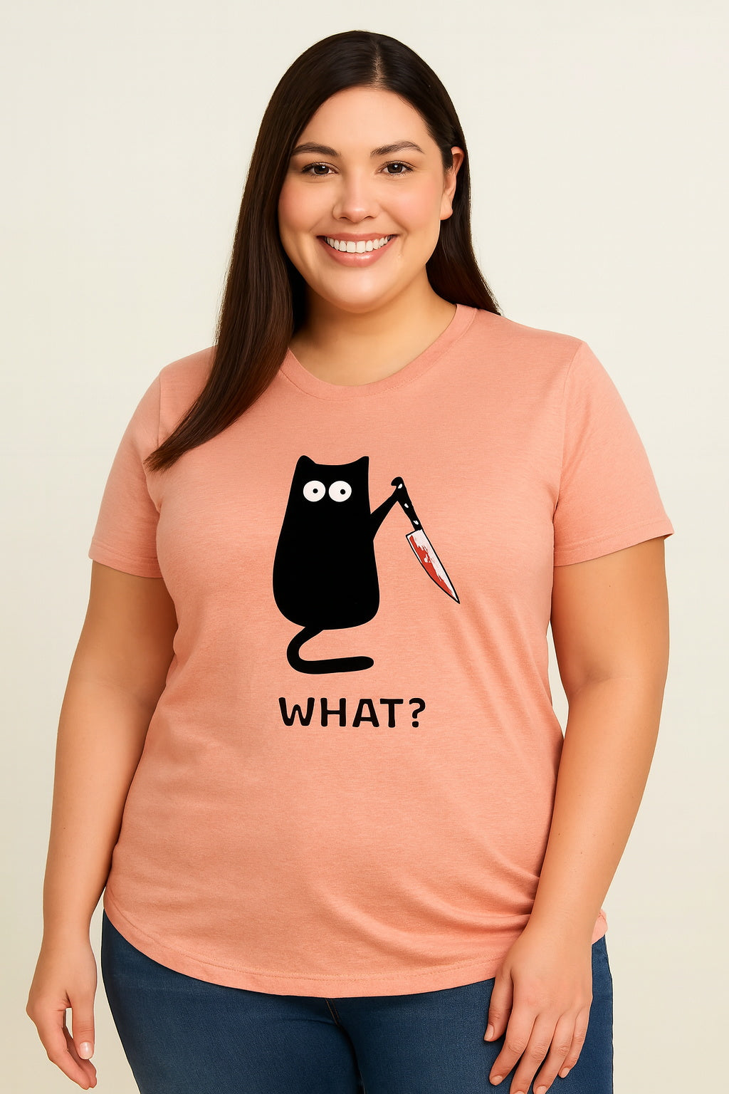 What? Hot Sale Funny Cat Printed Fashion Plus Size T-Shirt
