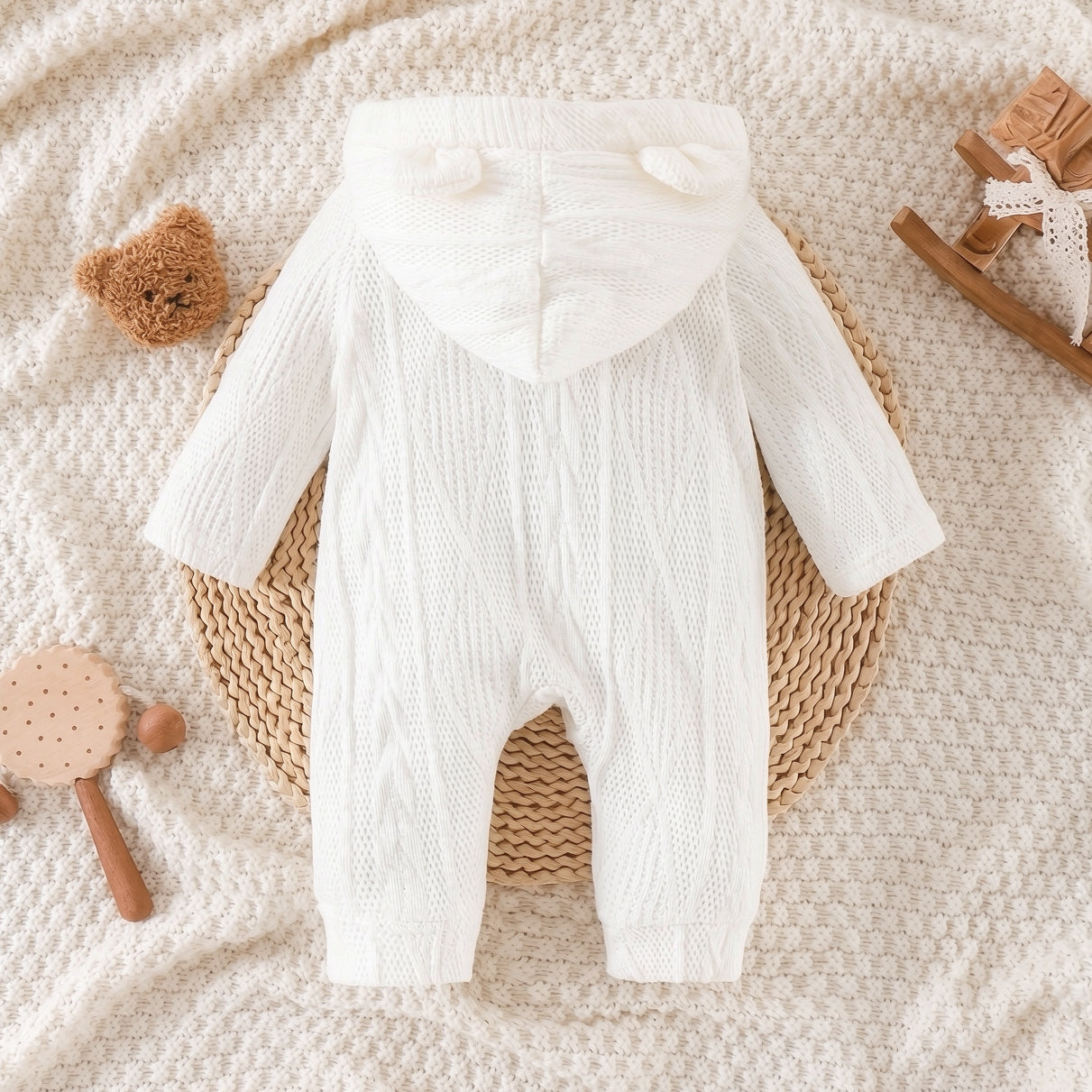Sweet Bear Applique Long Sleeve Knitted Baby Zipper Hoodie Jumpsuit