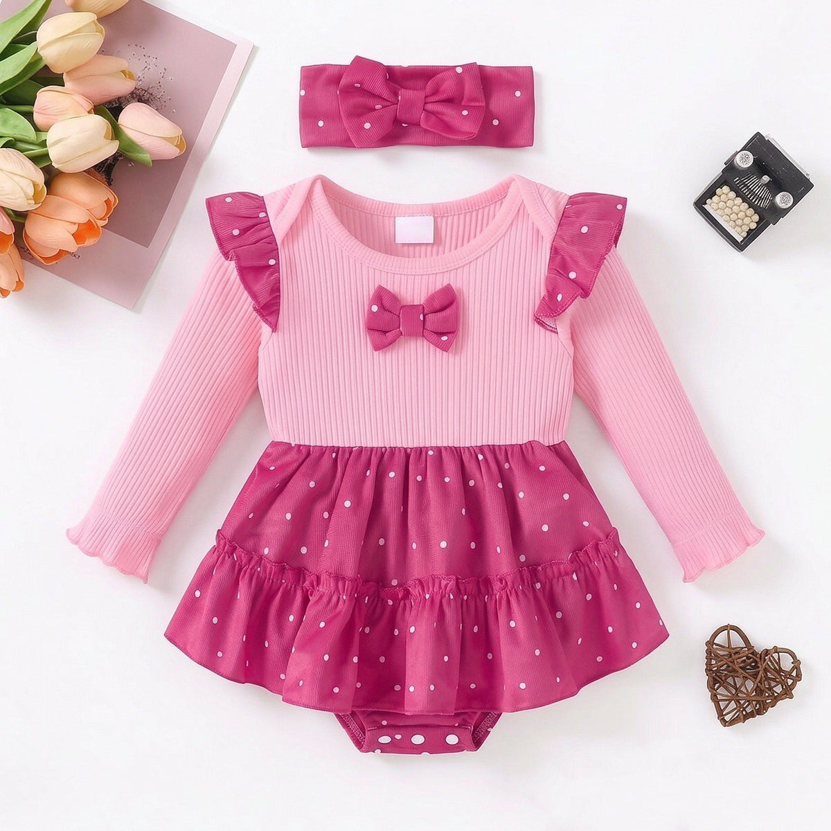 2PCS Pretty Polka Dots Print Bow Long Sleeve Baby Girl Romper