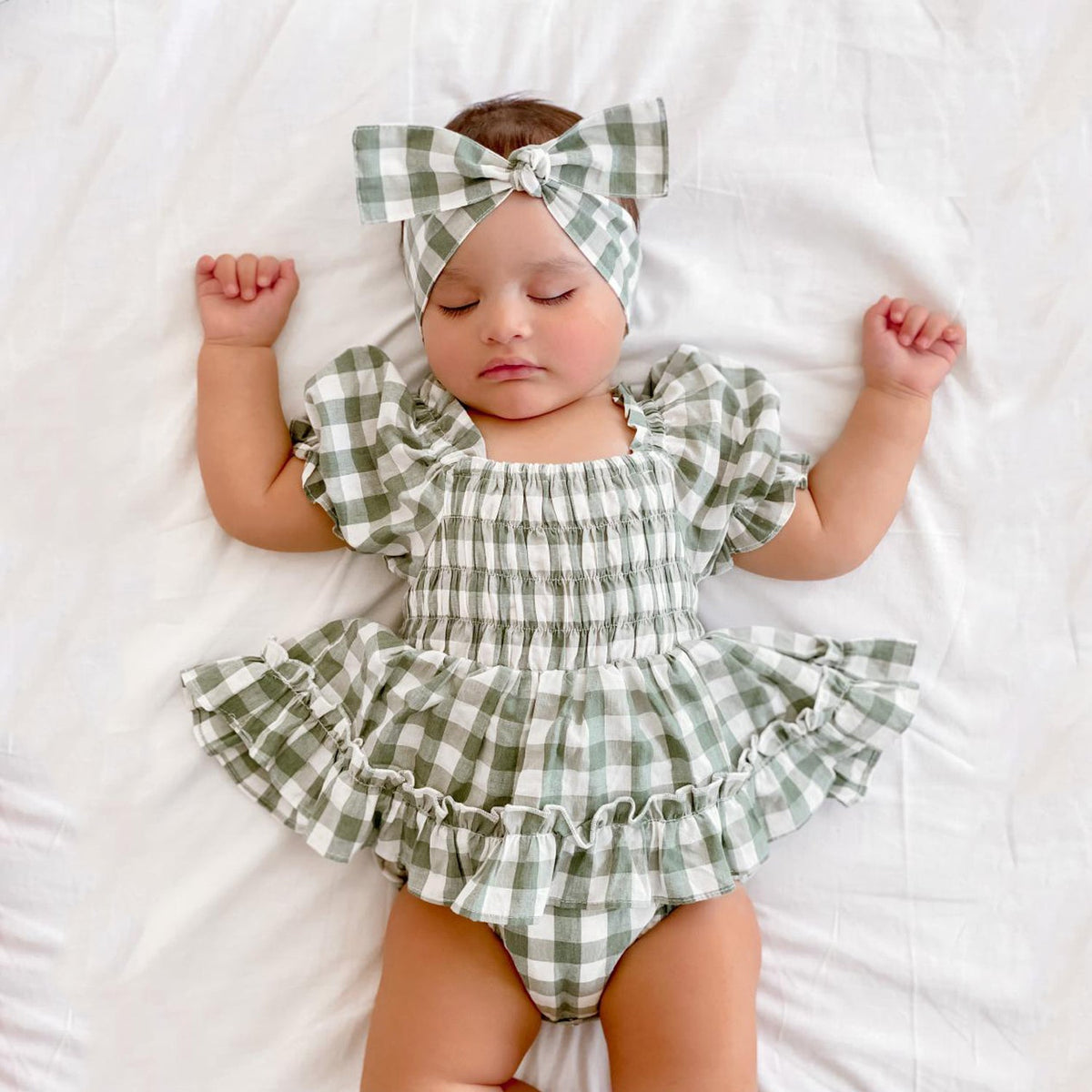 2PCS Lovely Green Plaid Printed Baby Romper Main image