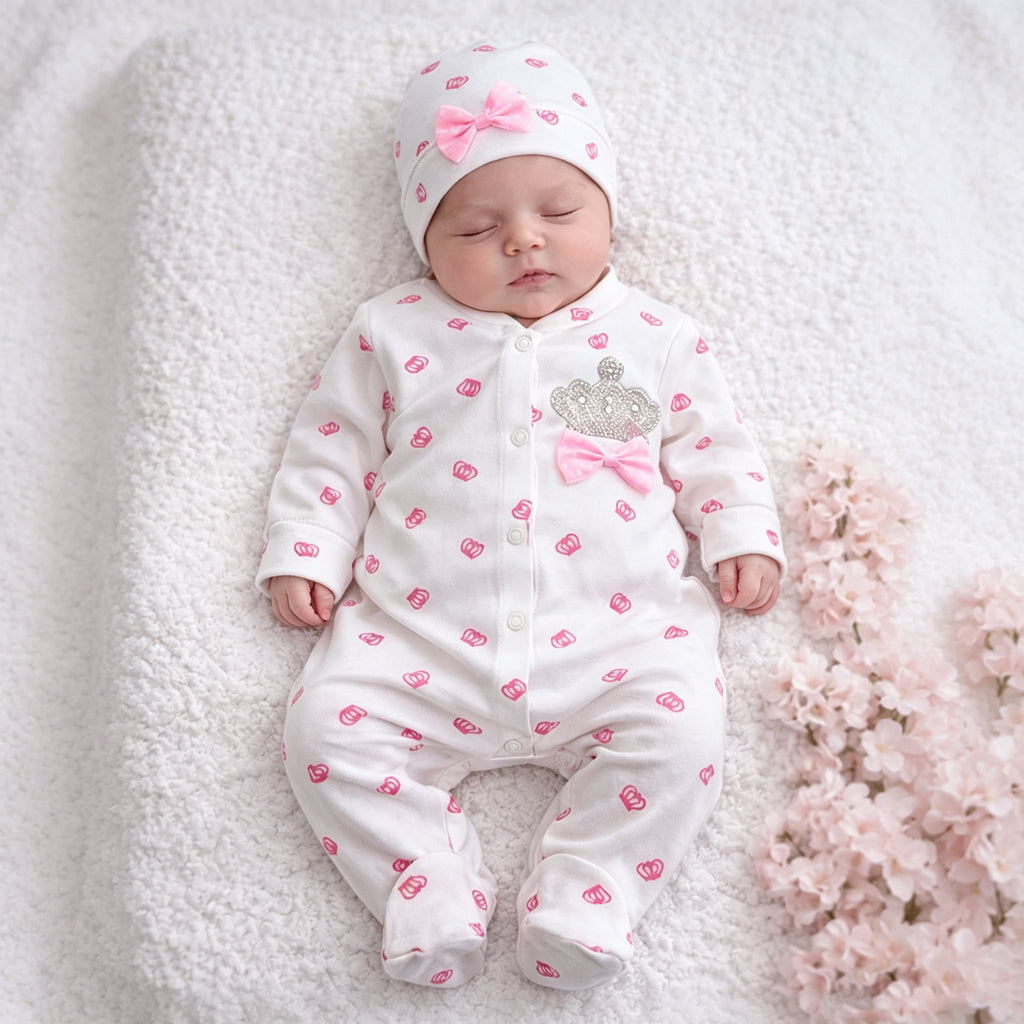 2PCS Delightful Crown Print Bow Long Sleeve Baby Girl Jumpsuit