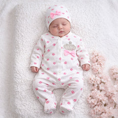 2PCS Delightful Crown Print Bow Long Sleeve Baby Girl Jumpsuit