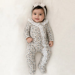 Vintage Floral Print Ruffle Long Sleeve Zipper Baby Jumpsuit