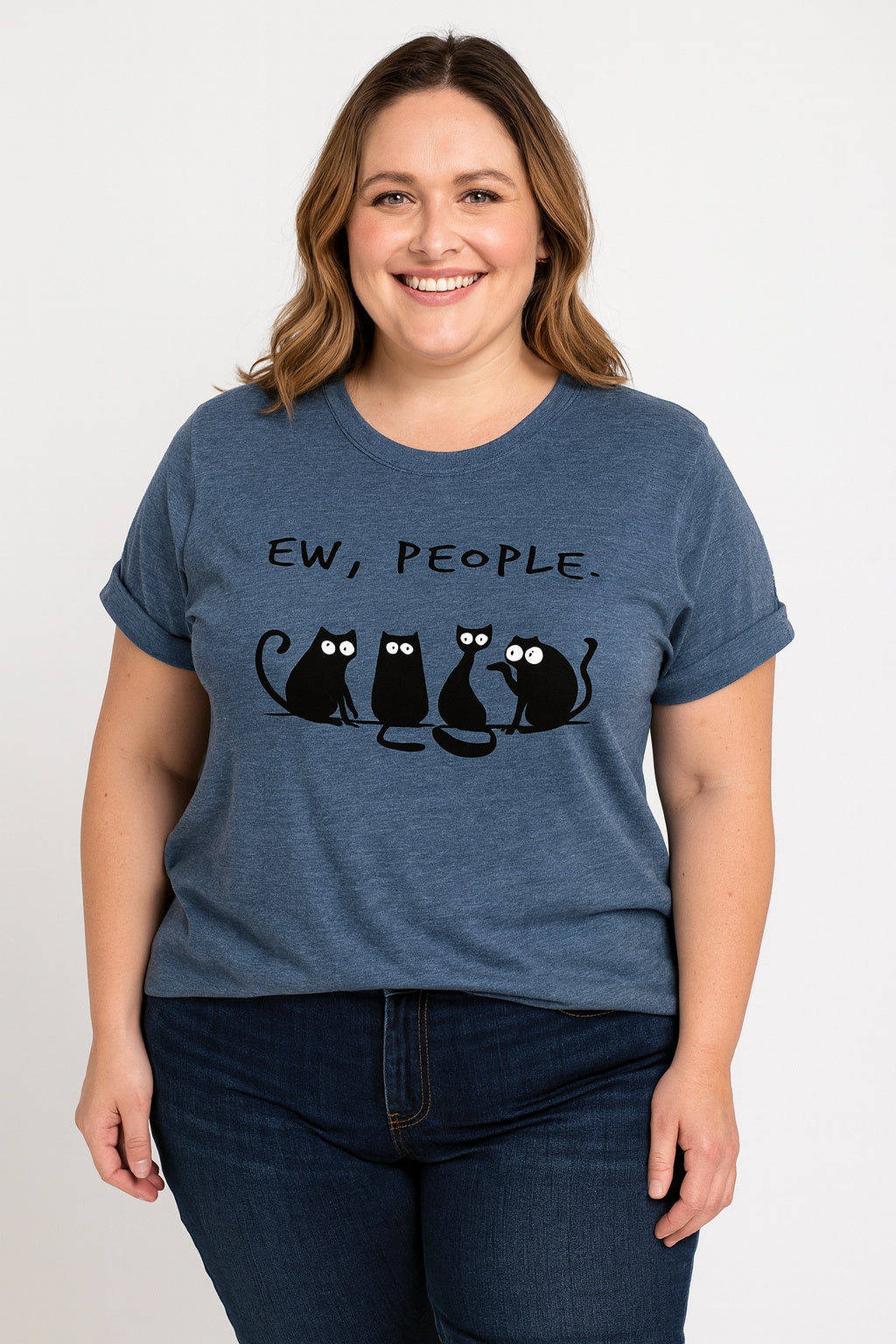 Ew People Cat Cartoon Print Cotton Plus Size T-Shirt