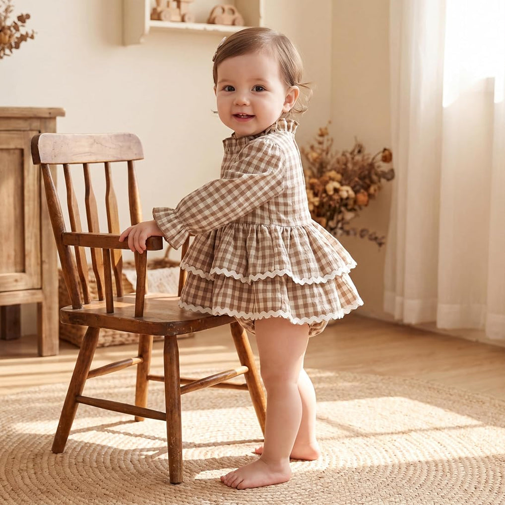 Vintage Plaid Printed Long Sleeve Baby Girl Romper