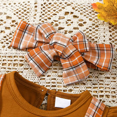 2PCS Thanksgiving Turkey Applique Plaid Printed Long Sleeve Baby Romper