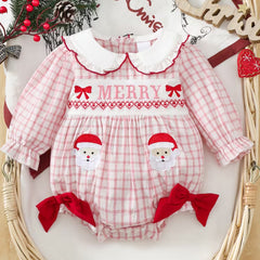 Merry Letter Santa Claus Applique Plaid Print Baby Girl Romper