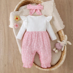 2PCS Mori Style Floral Print Bow Long Sleeve Baby Girl Jumpsuit