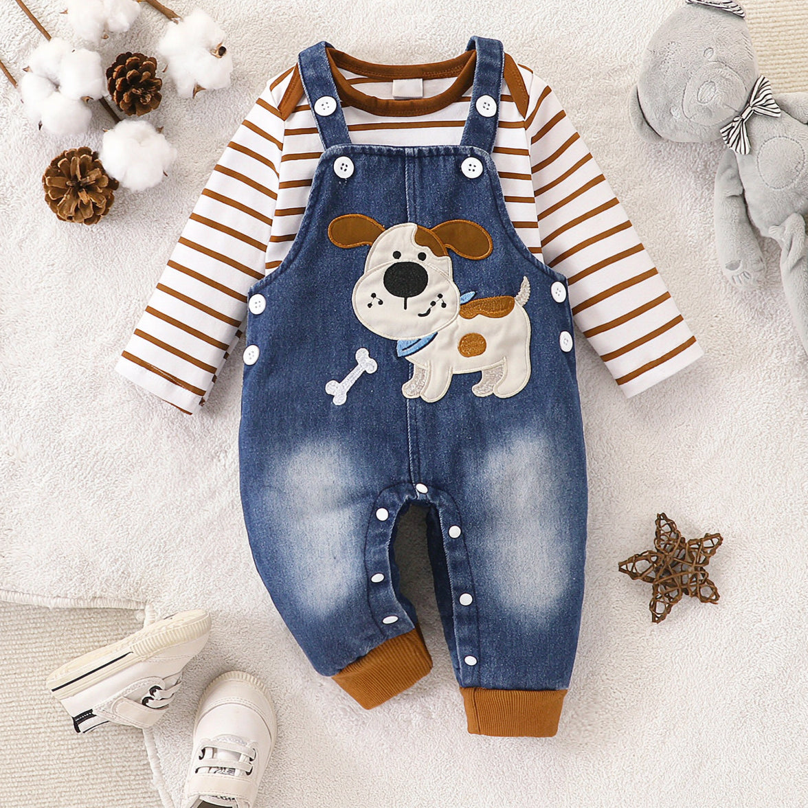 2PCS Cute Dog Stripe Print Long Sleeve Baby Denim Overalls Set Secondary image