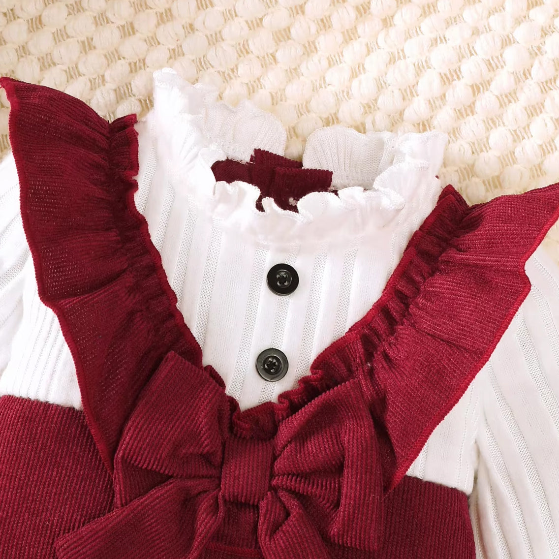 Color Block Ruffle Bow Decor Long Sleeve Baby Girl Jumpsuit