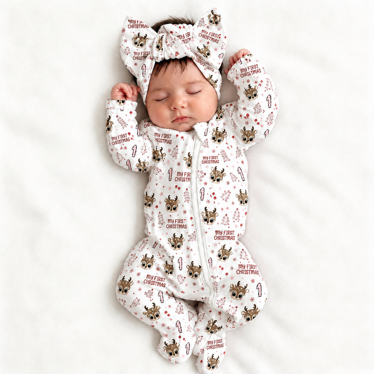2PCS Lovely Letter and Reindeer Tree Print Zipper Baby Christmas Jumpsuit Main image