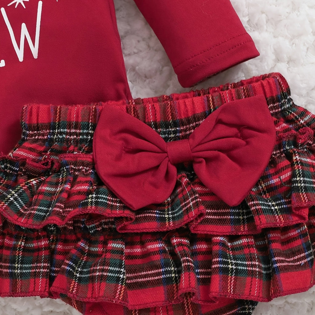 3PCS Christmas Crew Letter Plaid Print Long Sleeve Baby Set