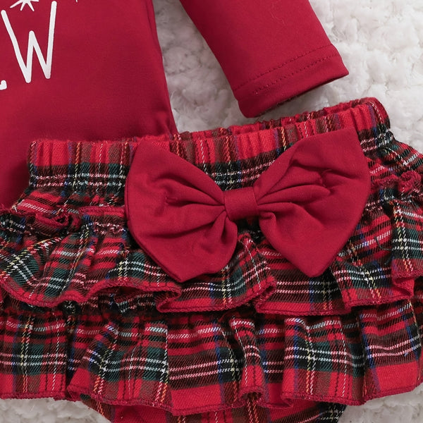 3PCS Christmas Crew Letter Plaid Print Long Sleeve Baby Set