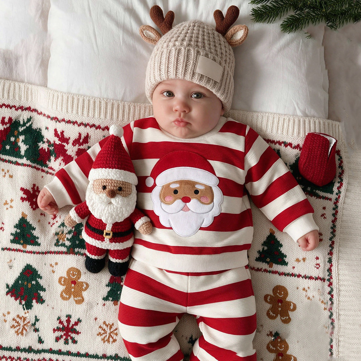 2PCS Lovely Santa Claus and Stripe Print Long Sleeve Baby Set Main image