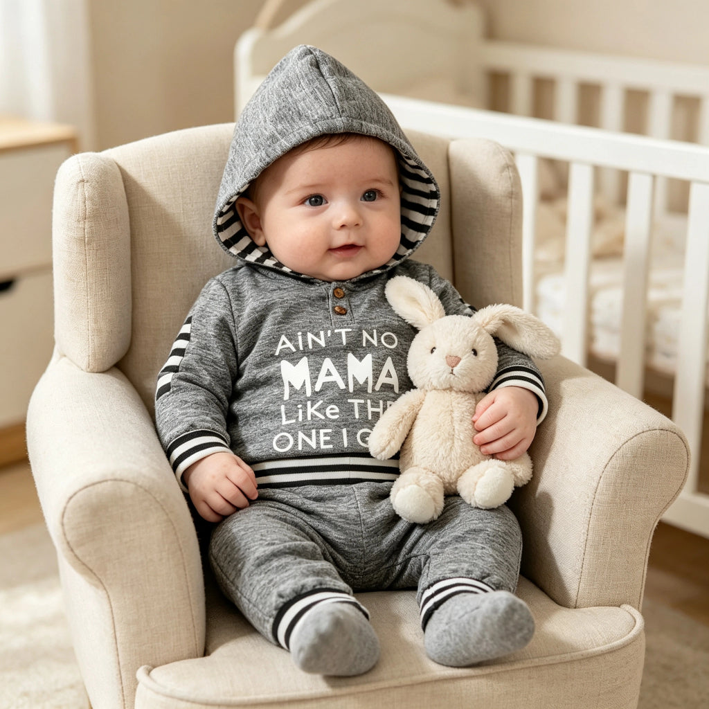 2PCS Ain't No Mama Letter Stripe Printed Hooded Long Sleeve Baby Set Secondary image