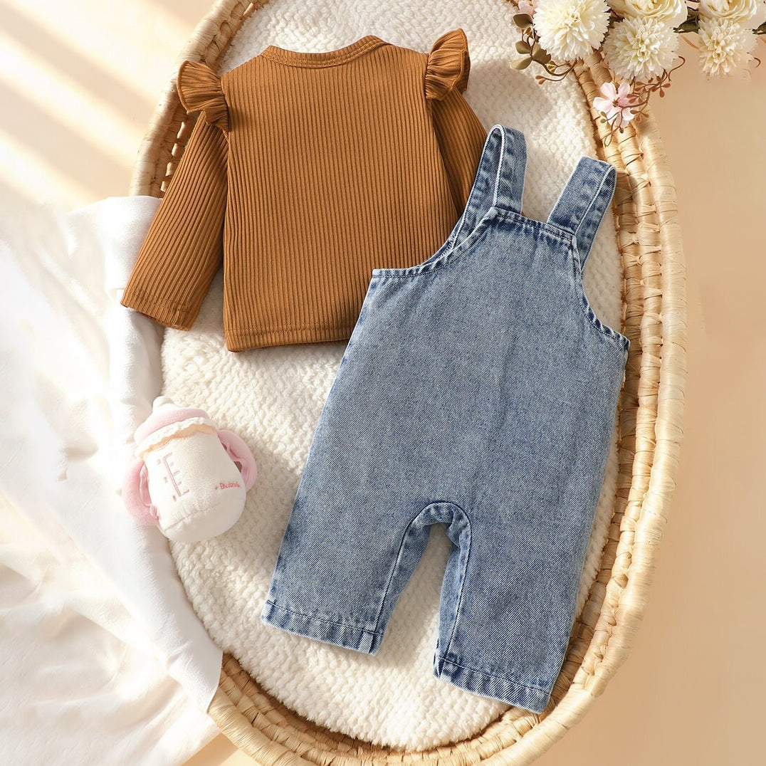 3PCS Pretty Floral Applique Long Sleeve Baby Denim Overalls Set