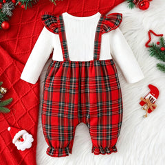 Striking Plaid Print Fake Two Piece Long Sleeve Baby Girl Jumpsuit