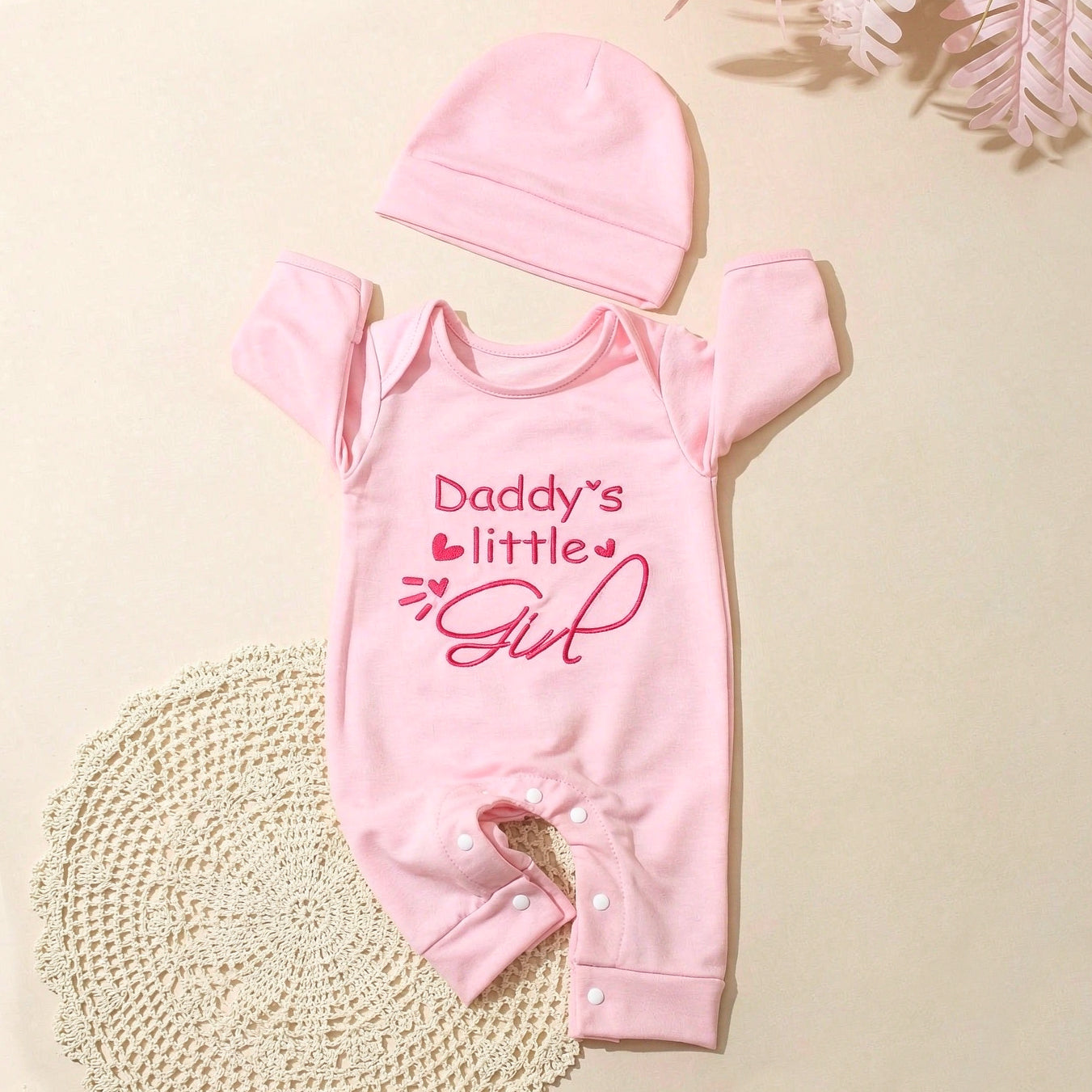 2PCS Pretty Daddy's Little Girl Letter Embroidery Solid Color Baby Jumpsuit