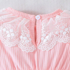 Sweet Solid Color Lace Paneled Bow Puff Sleeve Baby Jumpsuit