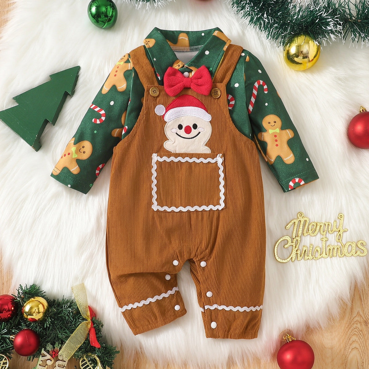 2PCS Gingerbread Man Candy Cane Print Long Sleeve Baby Overalls Set Main image