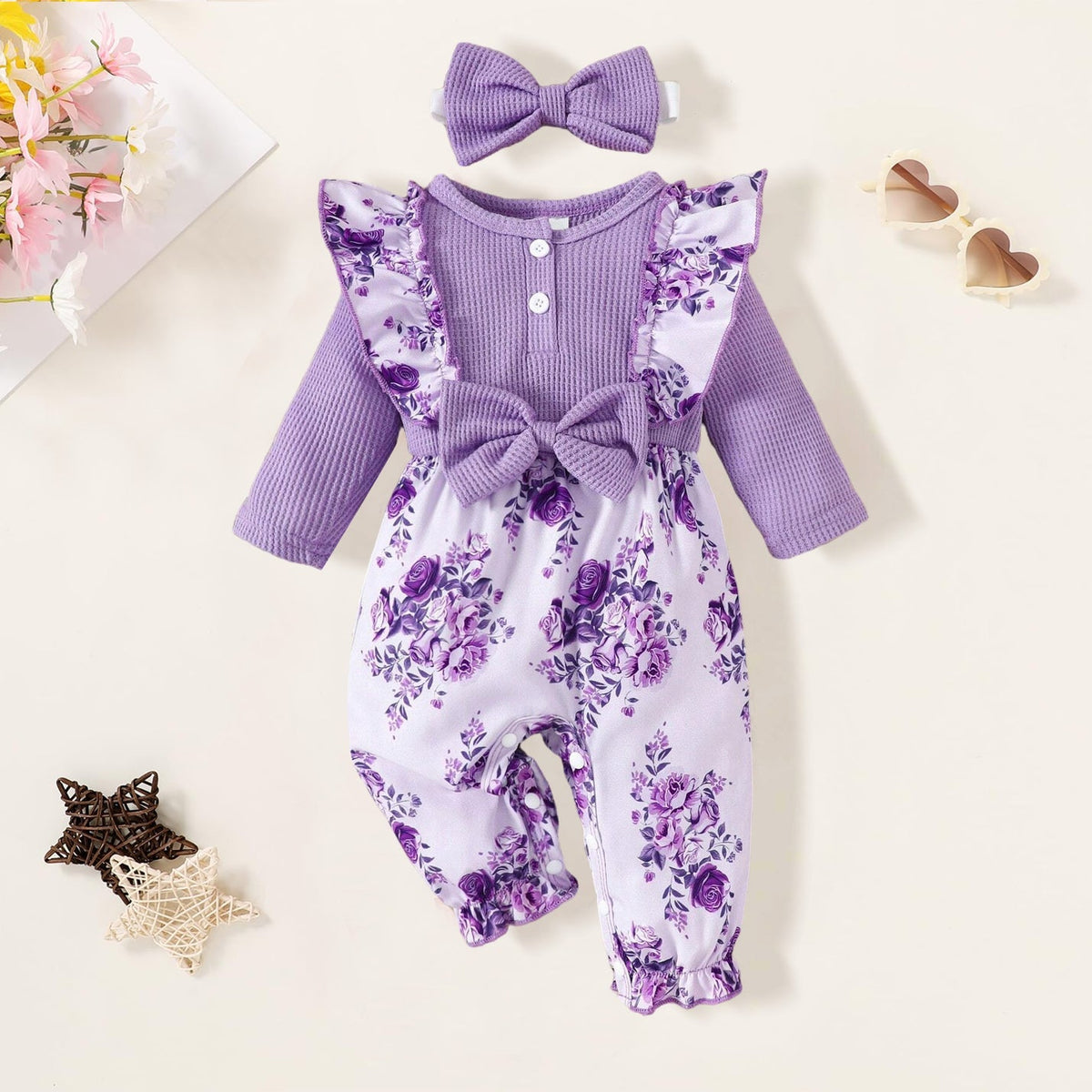 2PCS Elegant Floral Printed Bow Long Sleeve Baby Girl Jumpsuit Main image