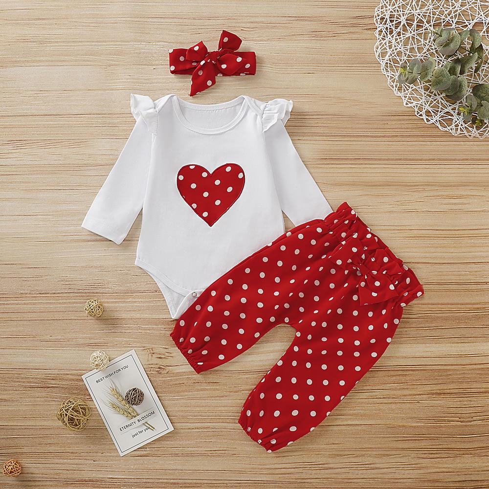 3PCS Newborn Baby Girl Heart-shaped Printed Long Sleeve Romper With Red Polka Dot Pants Set Image principale du produit