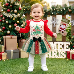2PCS Sweet My First Christmas Letter Tree Print Tulle Baby Girl Set