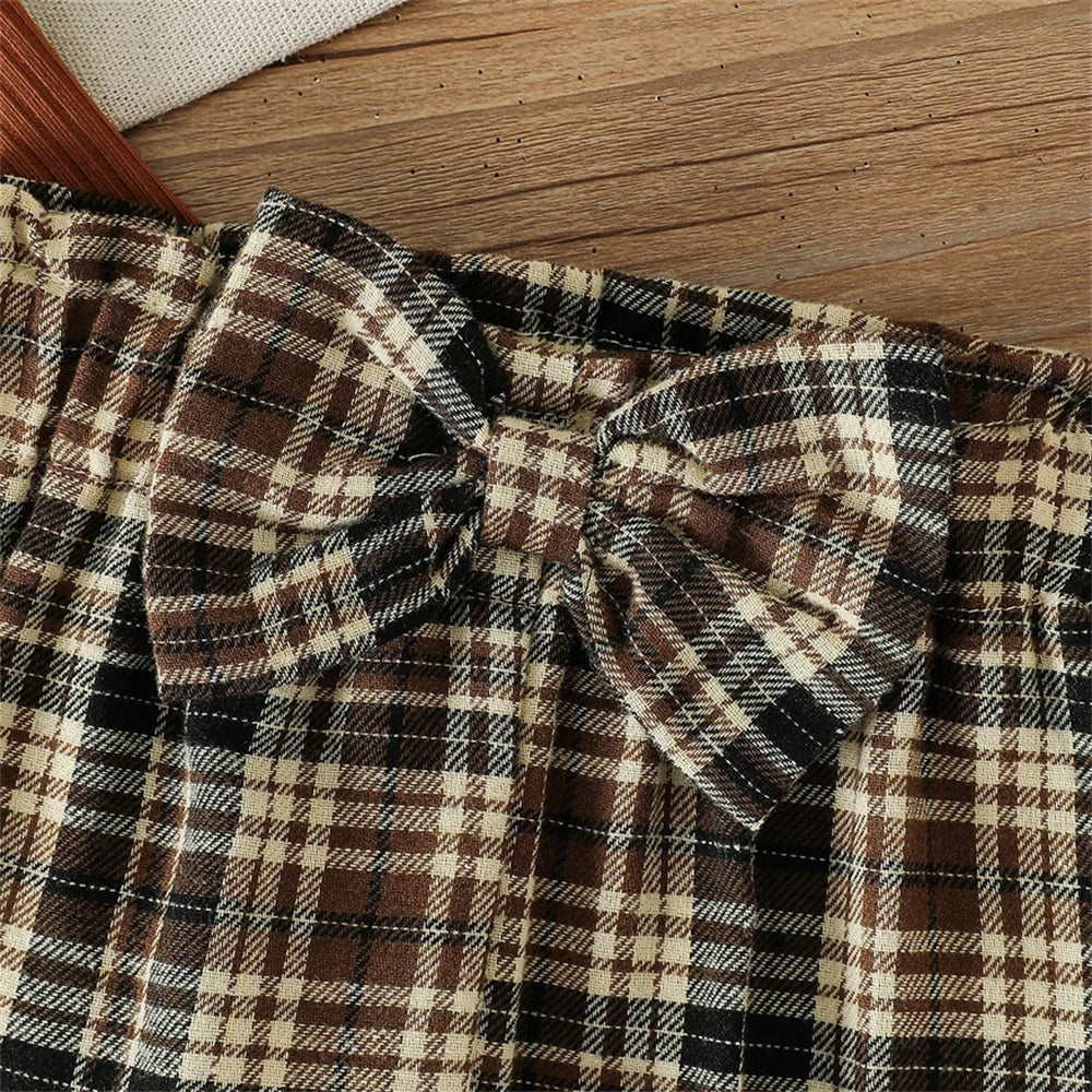 2PCS Bear Applique Plaid Printed Long Sleeve Baby Set