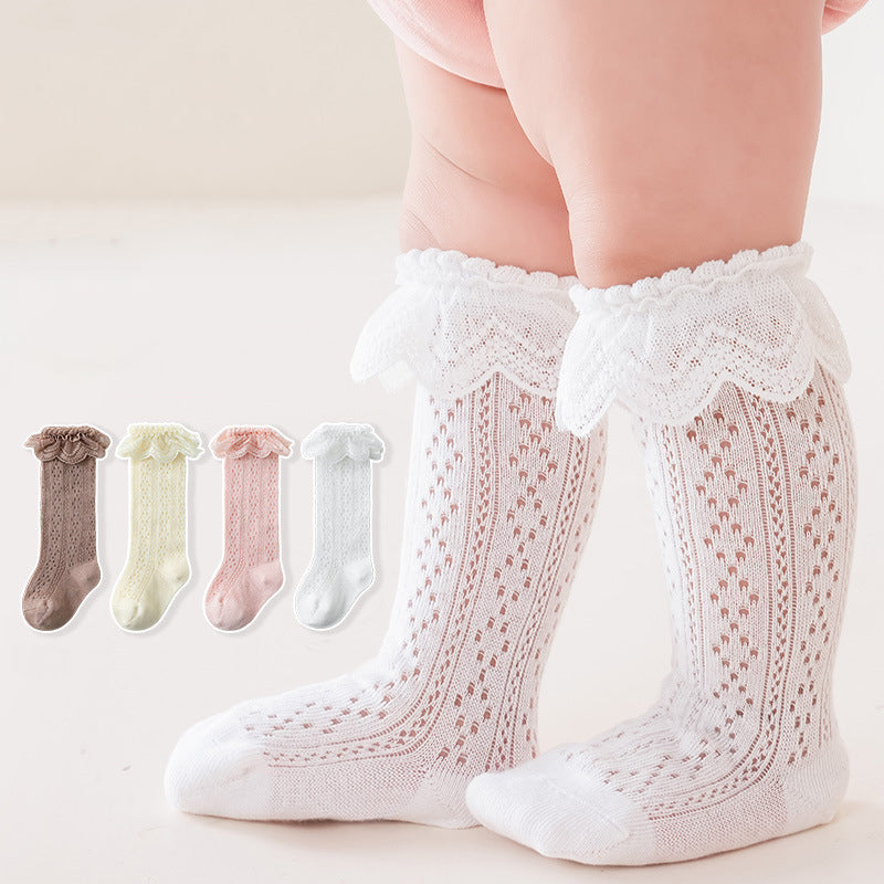 Breathable Mesh Lace Ruffle Decor Long Baby Socks Imagem principal do produto