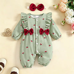 2PCS Allover Cherry Printed Ruffle Long Sleeve Baby Girl Jumpsuit