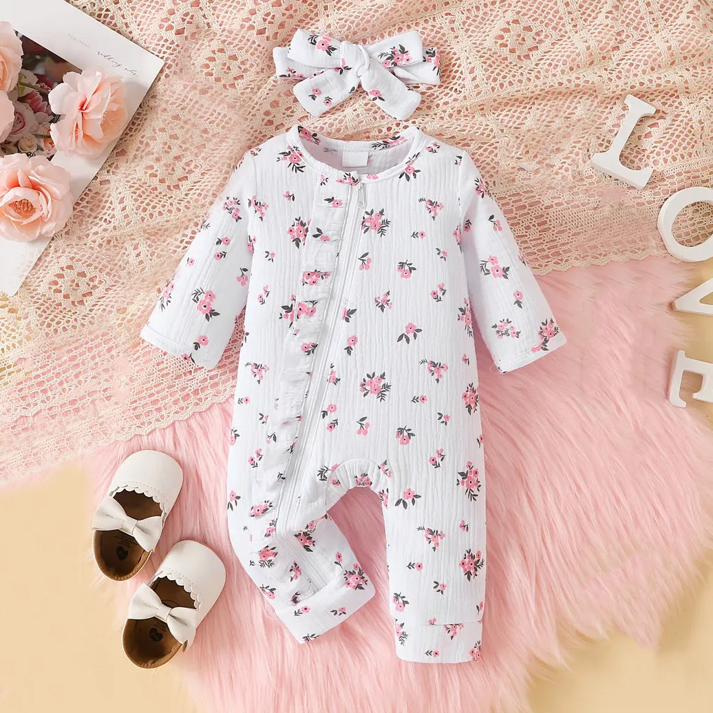 2PCS Comfy Cotton Floral Printed Long Sleeve Baby Jumpsuit