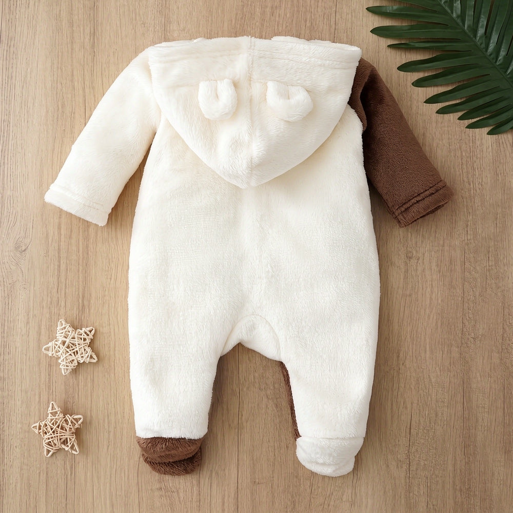 Lovely Bear Bow Applique Long Sleeve Baby Plush Hoodie Jumpsuit