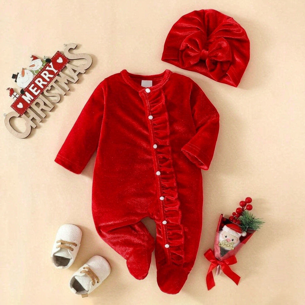 2PCS Classic Solid Color Ruffle Baby Girl Velvet Jumpsuit