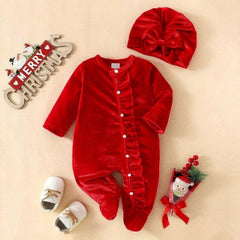 2PCS Classic Solid Color Ruffle Baby Girl Velvet Jumpsuit