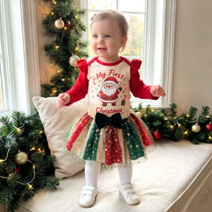 2PCS Sweet My First Christmas Letter Santa Print Tulle Baby Girl Set