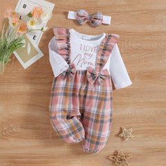 2PCS Pretty Plaid Printed Bow Long Sleeve Baby Jumpsuit