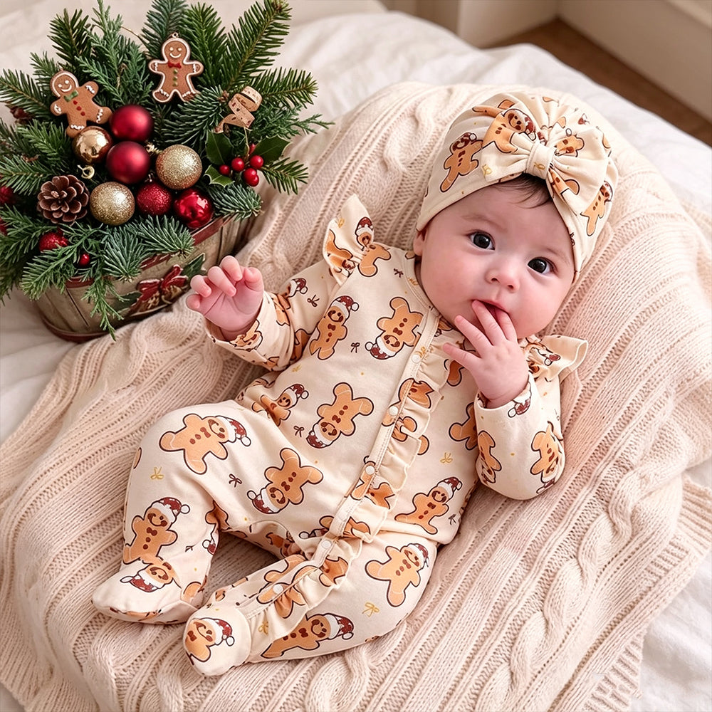 2PCS Lovely Gingerbread Man Bow Printed Long Sleeve Zipper Baby Jumpsuit