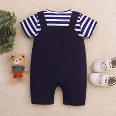 Stylish Casual Stripe Bear Printed Short Sleeve Baby Jumpsuit