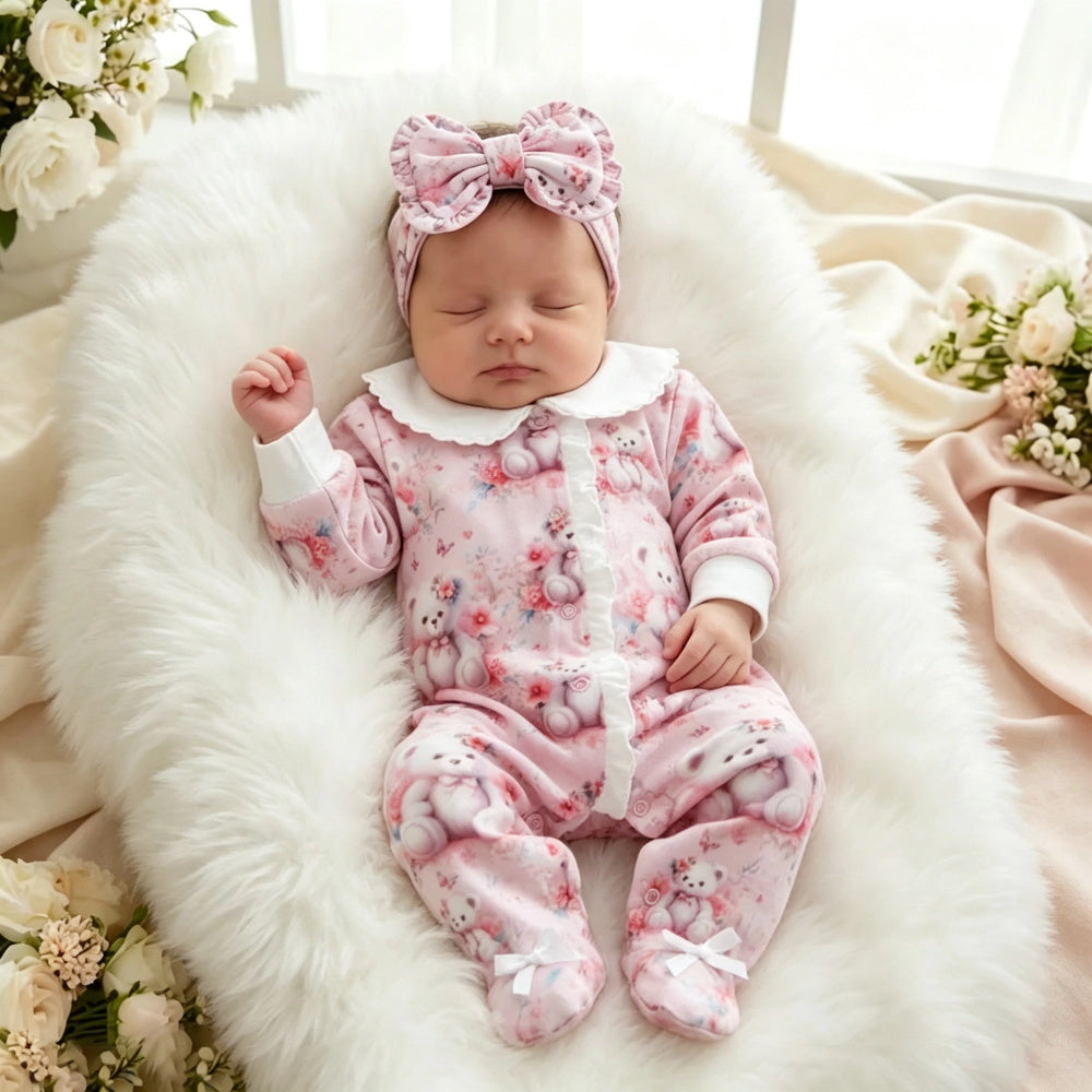 2PCS Lovely Teddy Bear Floral Print Long Sleeve Baby Jumpsuit Main image