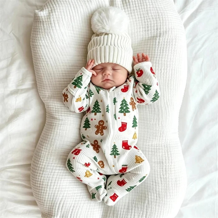 Christmas Tree Gingerbread Print Zipper Long Sleeve Baby Jumpsuit Main image