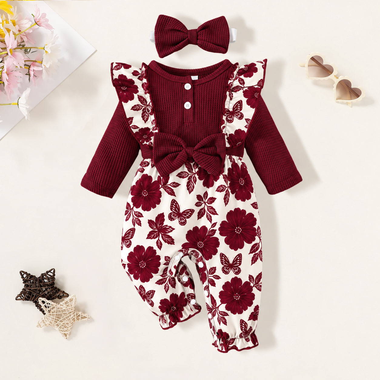 2PCS Pretty Baby Girl Floral Print Ruffle Long Sleeve Jumpsuit