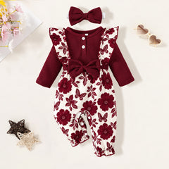 2PCS Pretty Baby Girl Floral Print Ruffle Long Sleeve Jumpsuit