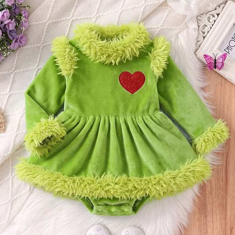 Sweet Heart Printed Long Sleeve Baby Christmas Plush Romper