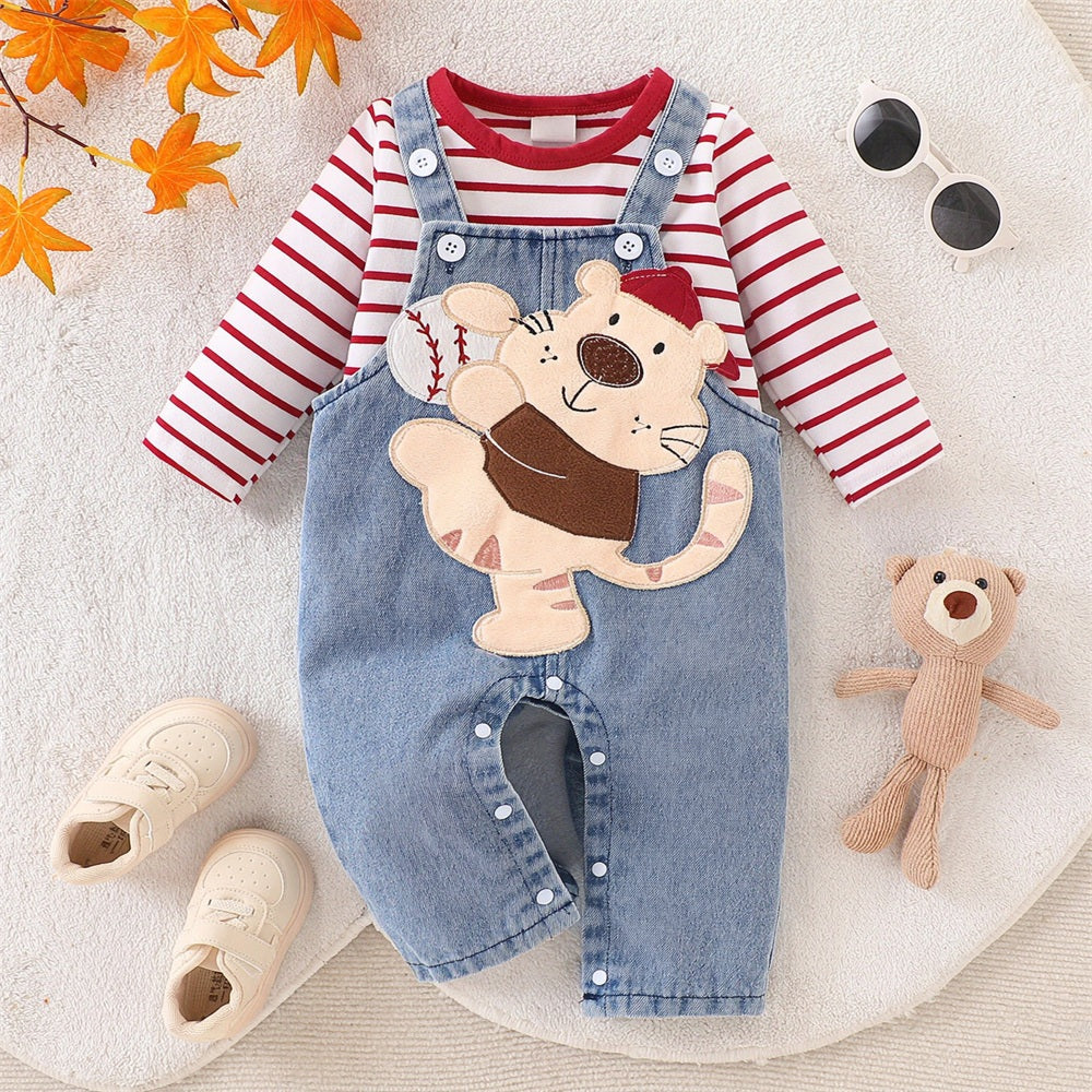 2PCS Tiger Applique Stripe Print Long Sleeve Baby Denim Overalls Set Imagem principal do produto